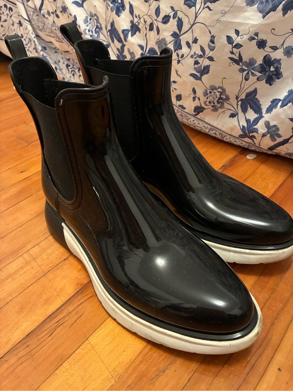 Black High-Shine Rain Boots with White Sole